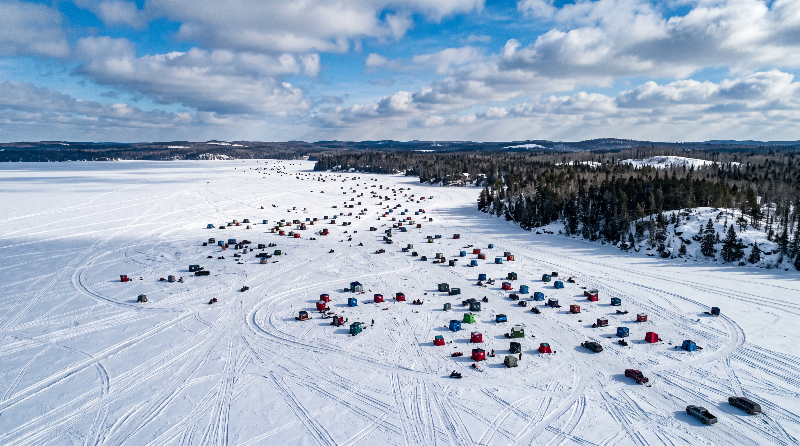 Aerial view of frozen lake with ice fishing shelters
