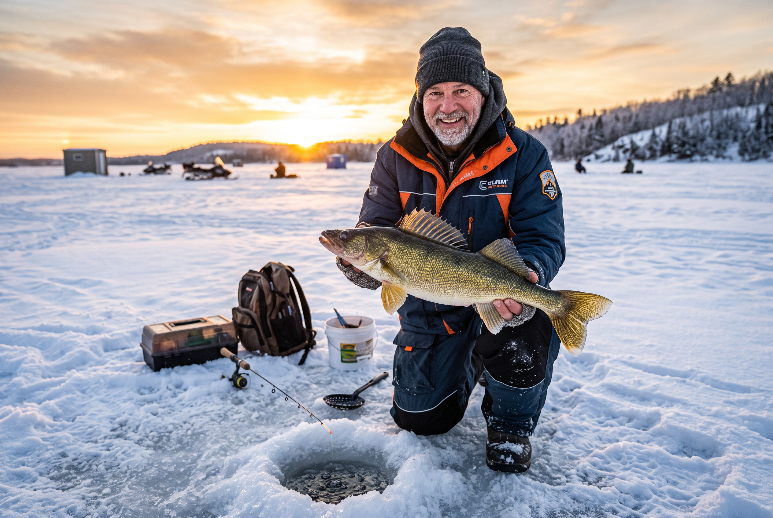 Proud ice angler holding walleye